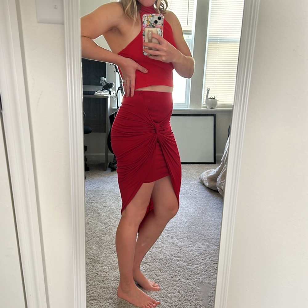 Red asymmetric skirt